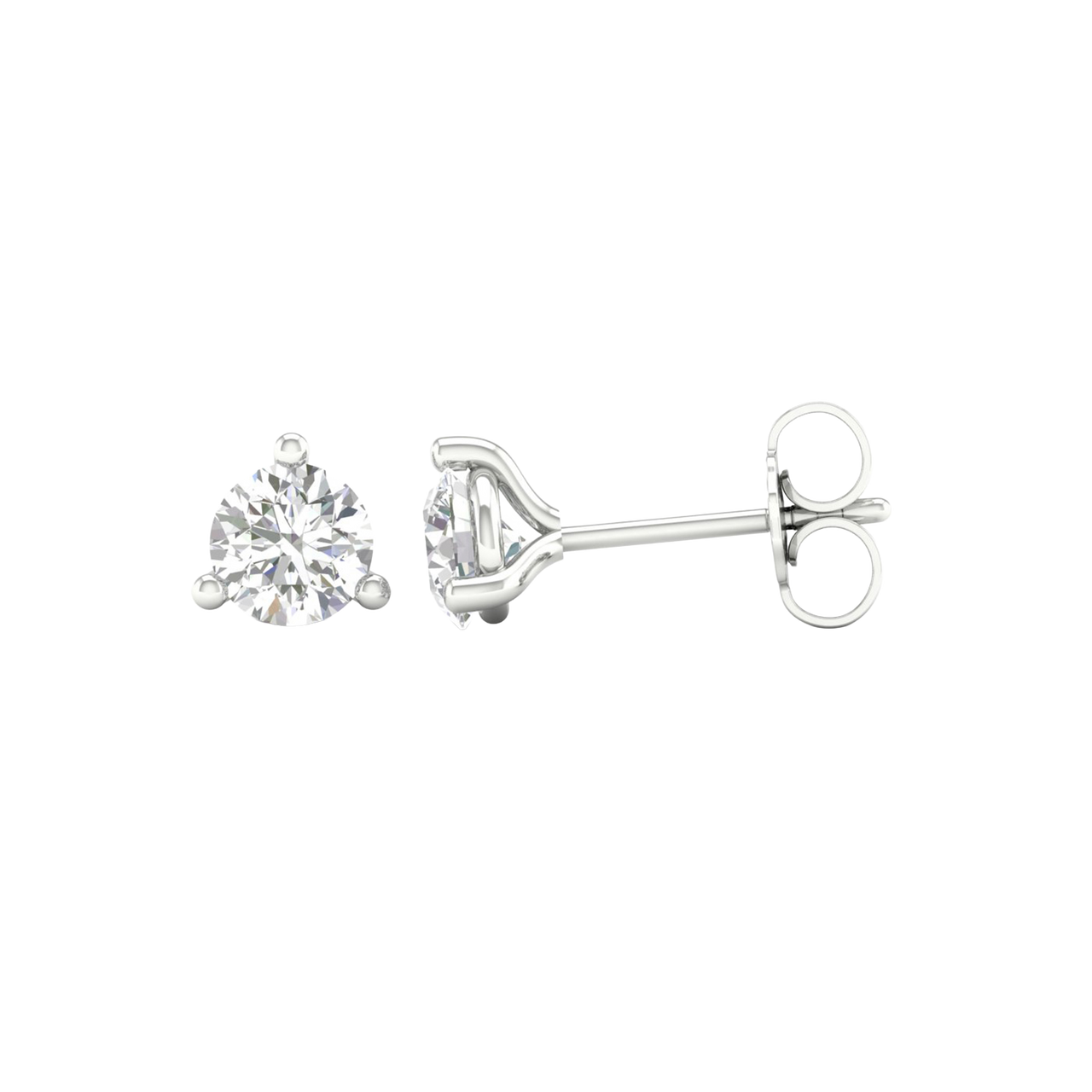 An angled view of a pair of 14K white gold three-prong diamond stud earrings, showcasing the full design.