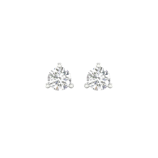 A pair of 14K white gold three-prong diamond stud earrings, shown from the front.