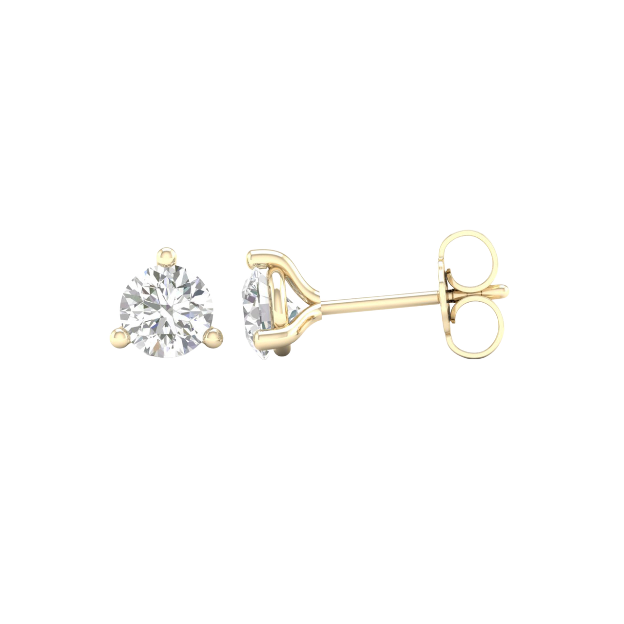 An angled view of Amorati Bold 1.0 cttw Martini-set stud earring in 10K yellow gold three-prong diamond stud earrings, showcasing the full design.