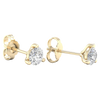 A pair of 14K yellow gold three-prong diamond stud earrings, shown from a side profile.