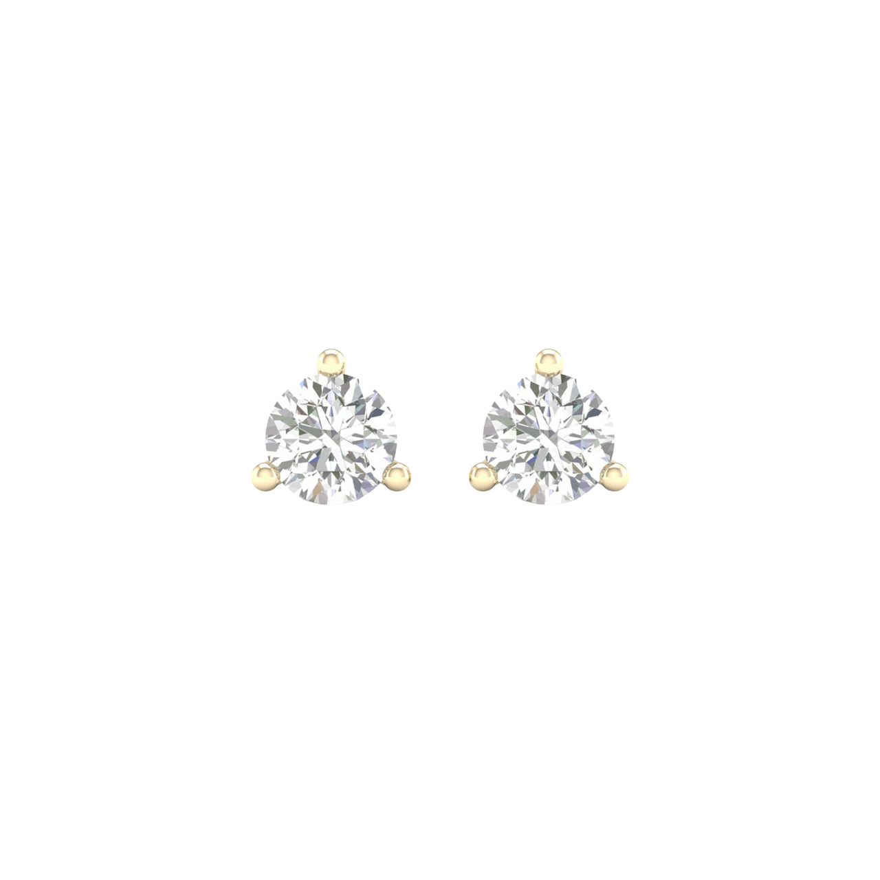 A pair of 14K yellow gold three-prong diamond stud earrings, shown from the front.