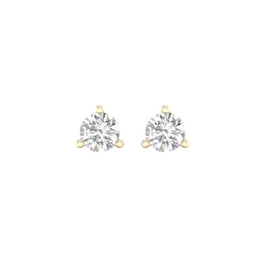 A pair of 14K yellow gold three-prong diamond stud earrings, shown from the front.