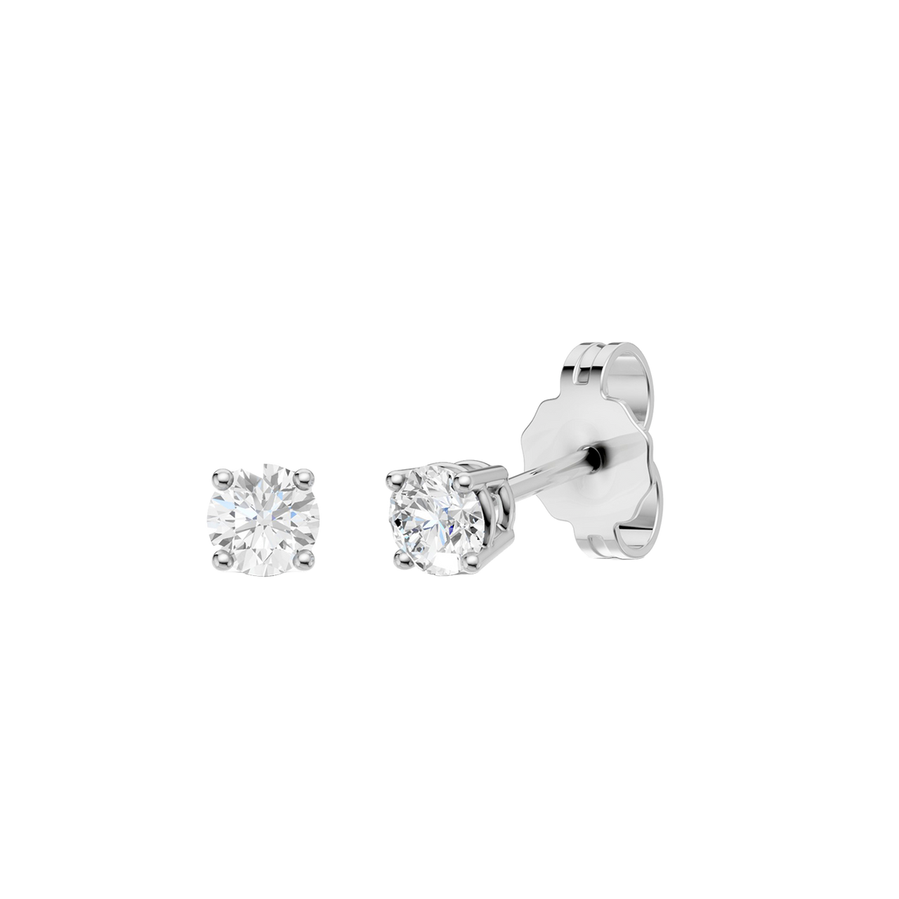 Angled view of white gold round diamond stud earrings highlighting diamond brilliance, prong detail, and polished metal finish.