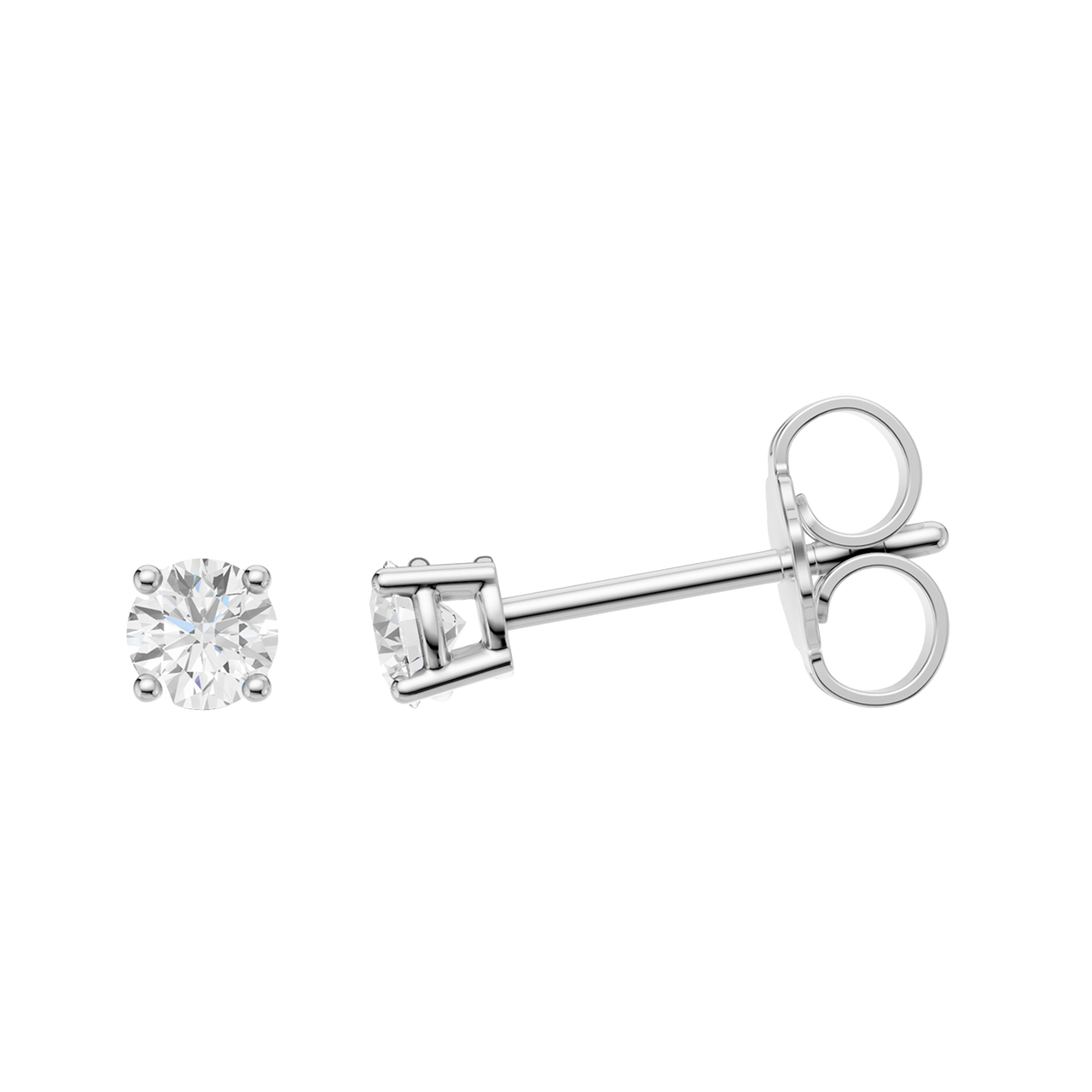 Side profile of white gold round solitaire diamond stud earrings showcasing the raised four-prong setting, secure post, and refined silhouette.