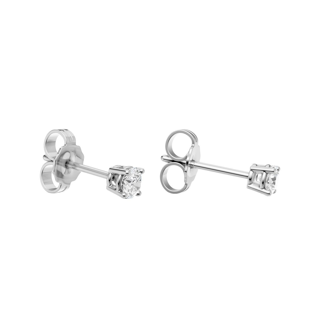 Back view of white gold round diamond stud earrings displaying the prong-set post, smooth polished metal, and clean construction.