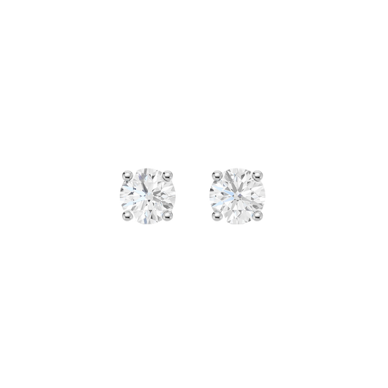 Front view of white gold round solitaire diamond stud earrings featuring brilliant-cut diamonds secured in a classic four-prong setting.