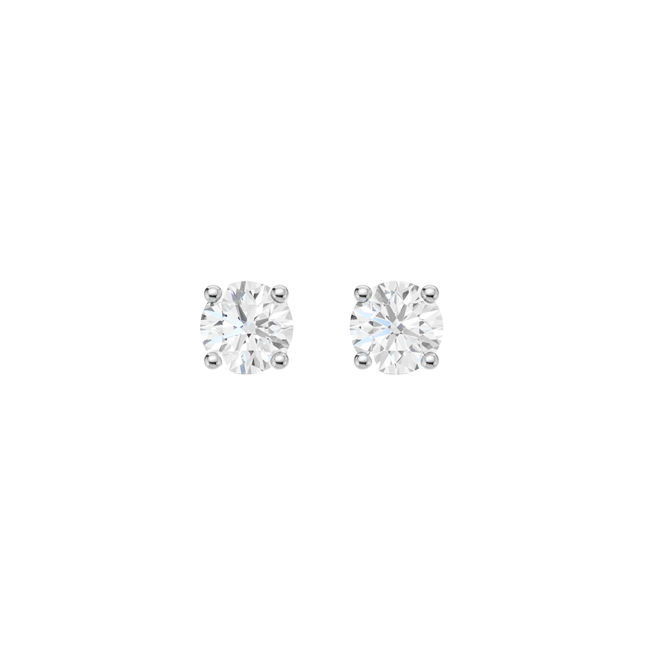 Front view of white gold round solitaire diamond stud earrings featuring brilliant-cut diamonds secured in a classic four-prong setting.