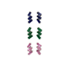 Three colorways in the cascading stud earrings featuring a vertical arrangement of three baguette-cut emerald or pink sapphires or blue sapphire. The rectangular gemstones are staggered in a step-like formation and held in a minimalist 18k white gold setting, shown against a clean, white studio background.