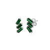 A pair of cascading stud earrings featuring a vertical arrangement of three baguette-cut emeralds in a deep, saturated green. The rectangular gemstones are staggered in a step-like formation and held in a minimalist 18k white gold setting, shown against a clean, white studio background.