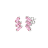 A pair of cascading stud earrings featuring a vertical arrangement of three baguette-cut pink sapphires. The rectangular gemstones are staggered in a step-like formation and held in a minimalist 18k white gold setting, shown against a clean, white studio background.