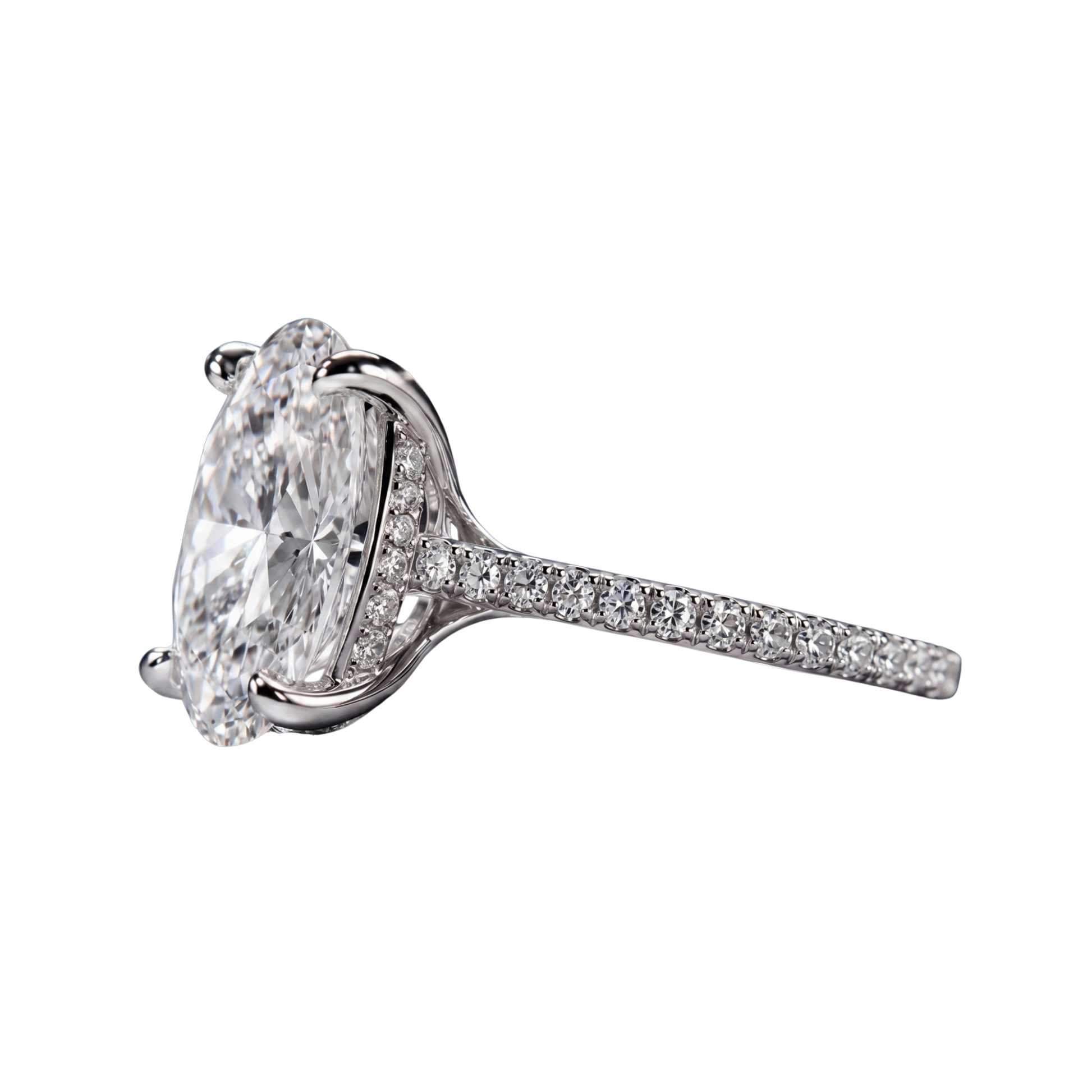 Side profile view of a platinum or white gold engagement ring featuring a large oval-cut diamond with a hidden micro-pavé diamond halo and a pavé-set diamond band.