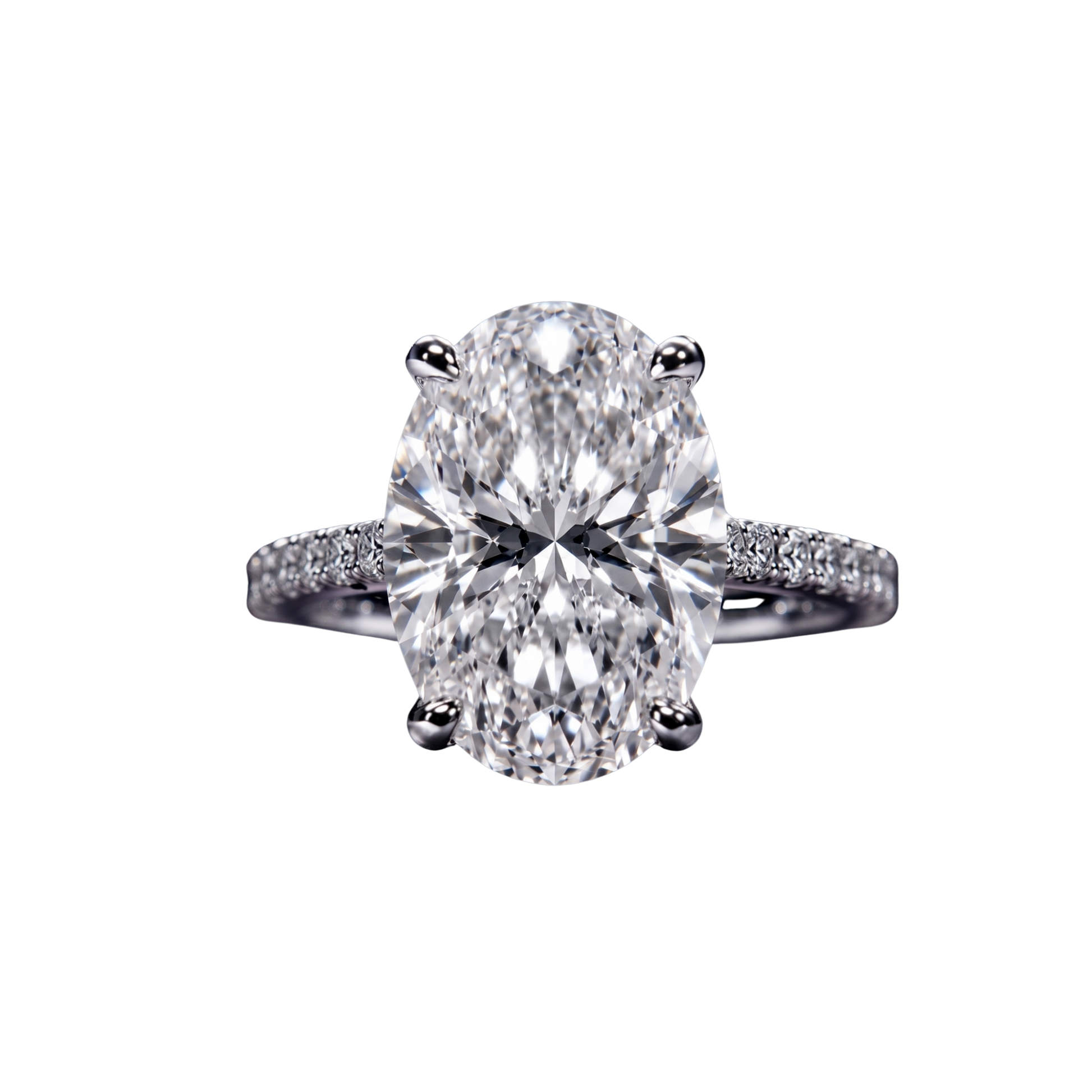 Top-down view of a classic white gold or platinum engagement ring featuring a large brilliant oval-cut center diamond on a sparkling micro-pavé diamond band.