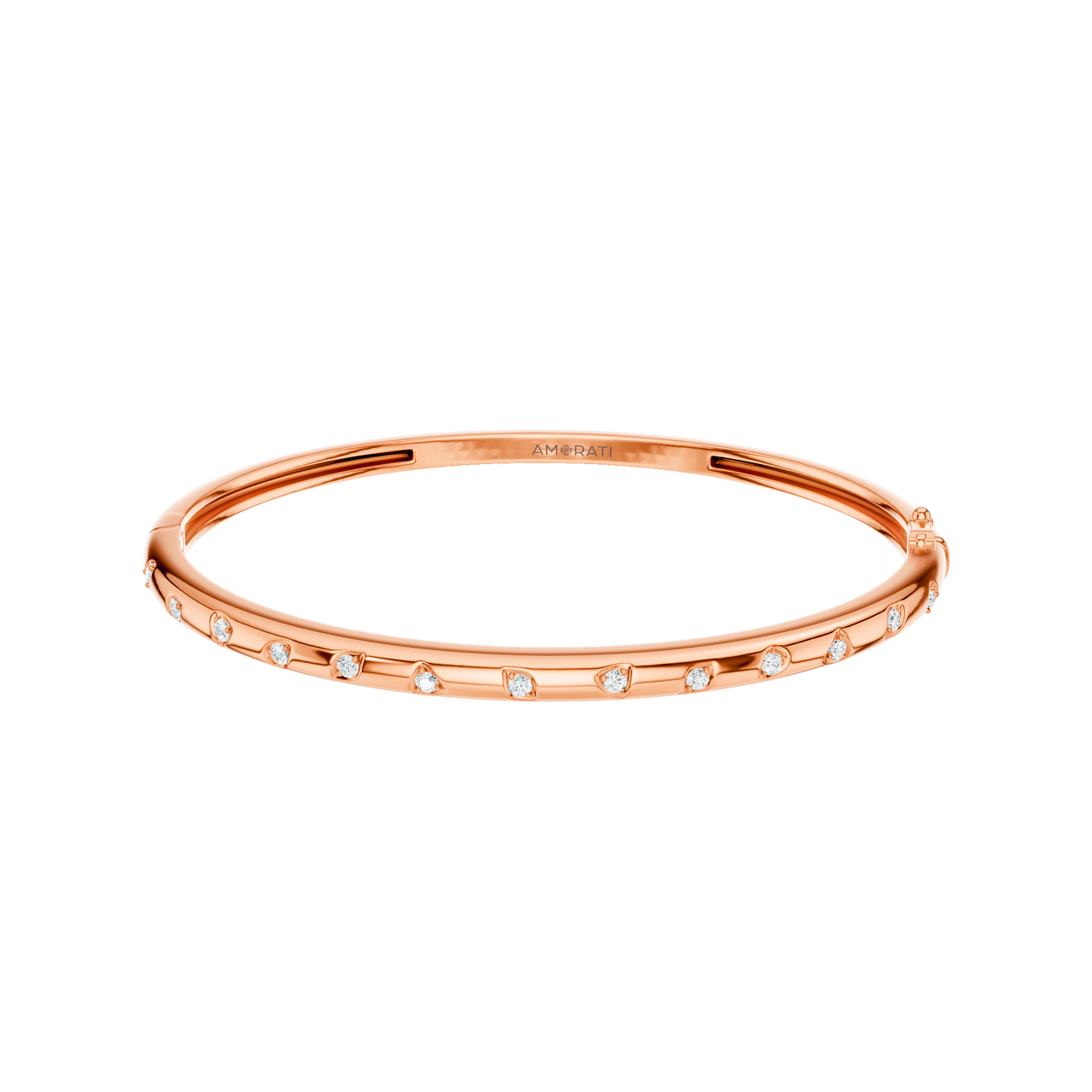 A substantial, high-polish 14k rose gold wide cuff from the Amorati Fourteen Collection, featuring scattered star and geometric insets with shimmering round lab-grown diamonds.