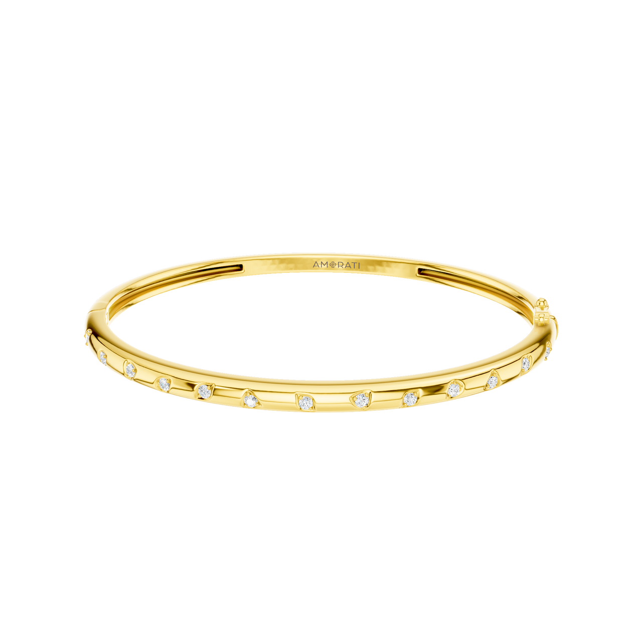A substantial, high-polish 14k yellow gold wide cuff from the Amorati Fourteen Collection, featuring scattered star and geometric insets with shimmering round lab-grown diamonds.
