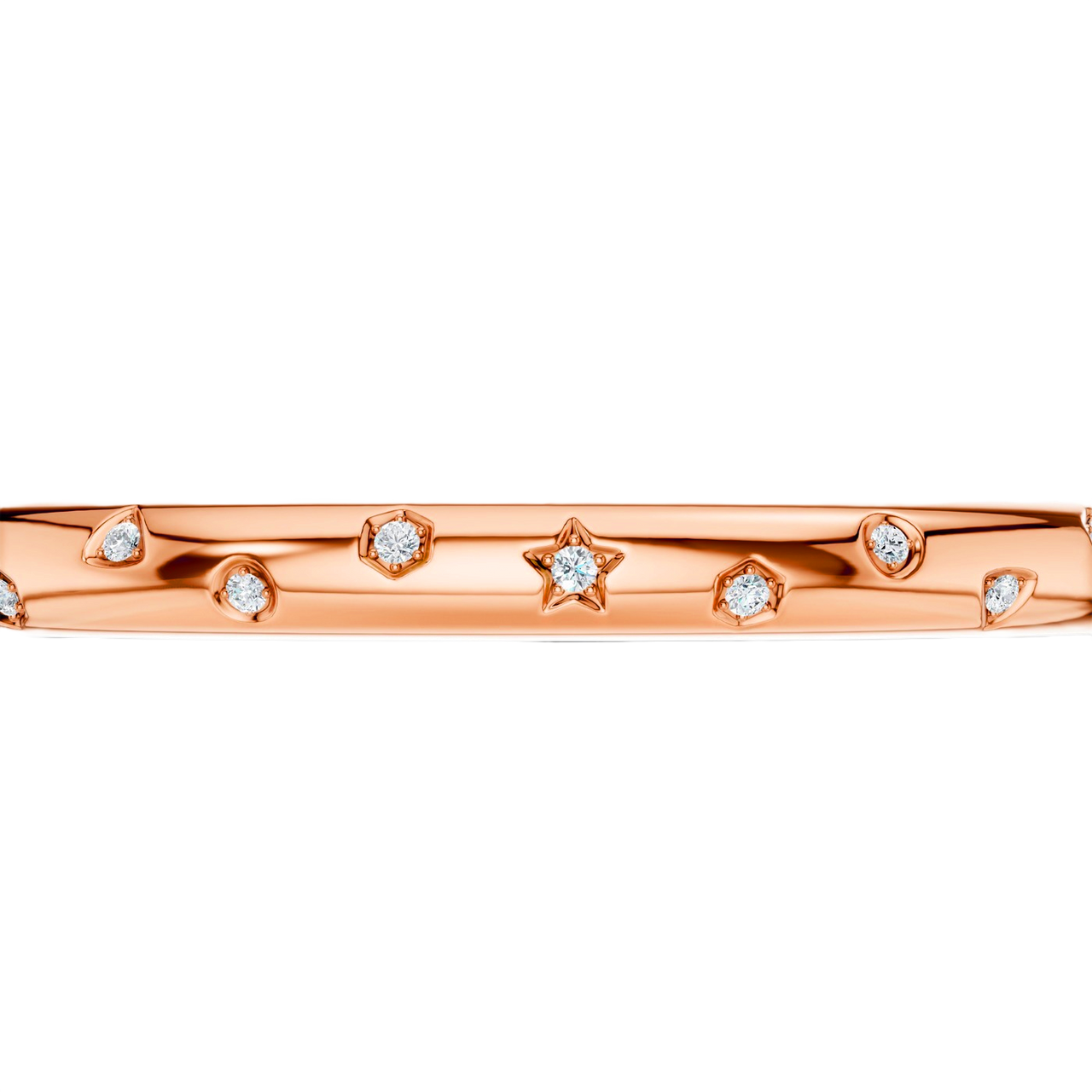 A bold, high-polish 14k rose gold statement bangle by Amorati featuring scattered star and geometric insets with shimmering round-cut lab-grown diamonds. Amorati’s signature F O U R T E E N T H Collection