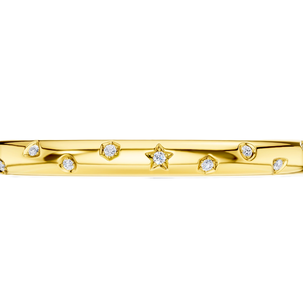 A bold, high-polish 14k yellow gold statement bangle by Amorati featuring scattered star and geometric insets with shimmering round-cut lab-grown diamonds. Amorati’s signature F O U R T E E N T H Collection