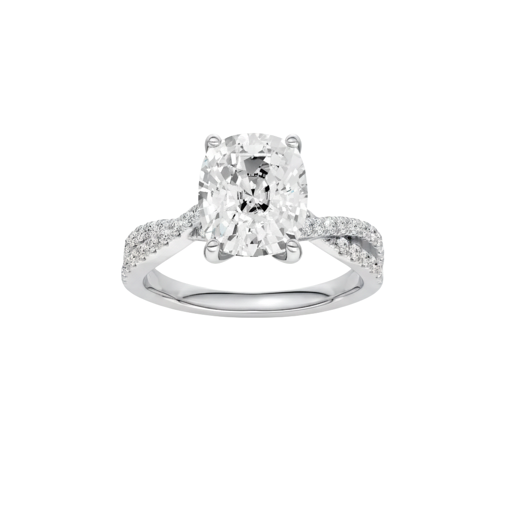 A front view of the Elongated Cushion diamond engagement ring in 14k white gold with a prong diamond band and cathedral setting