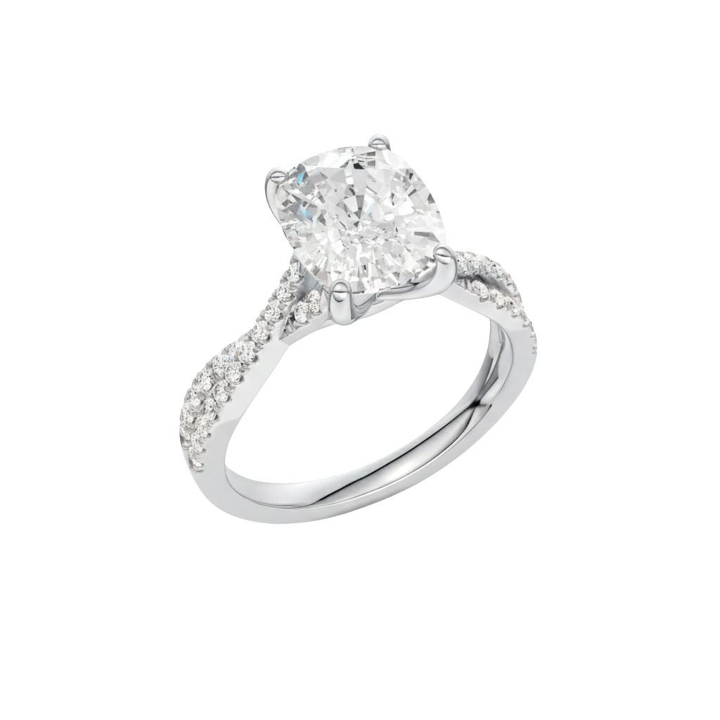 A three-quarter view of the Elongated Cushion diamond engagement ring in 14k white gold with a prong diamond band and cathedral setting