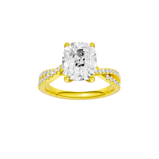 A front view of the Elongated Cushion diamond engagement ring in 14k yellow gold with a prong diamond band and cathedral setting