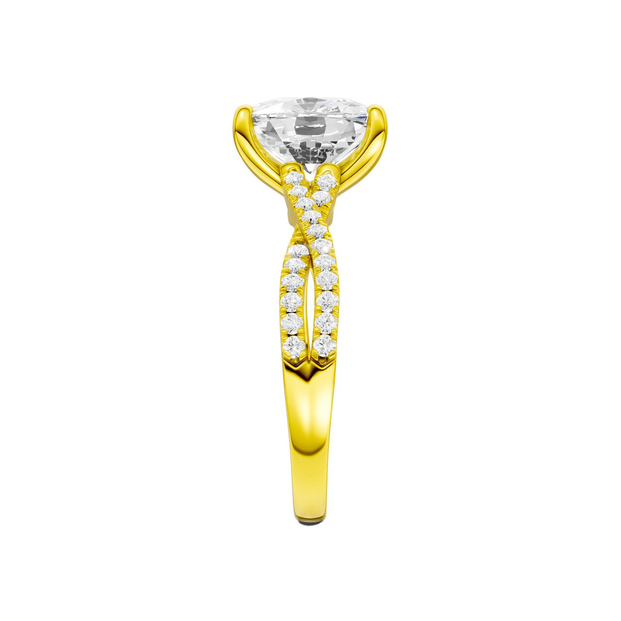 A side view of the Elongated Cushion diamond engagement ring in 14k yellow gold with a prong diamond band and cathedral setting