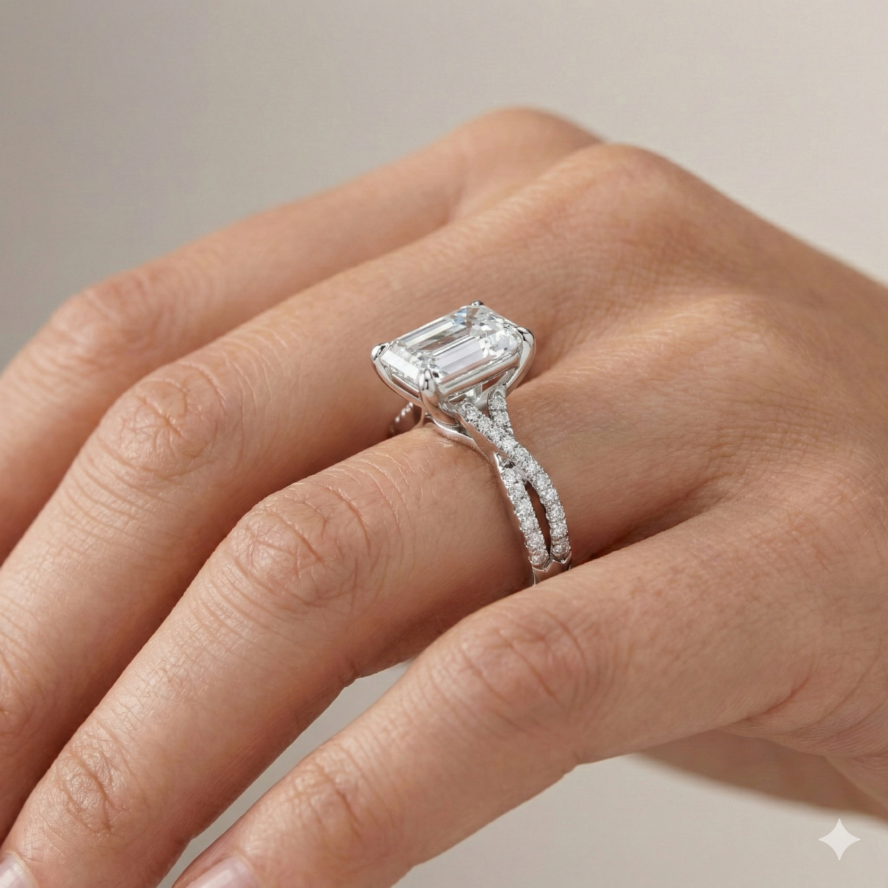 Emerald cut diamond engagement ring in 14k white gold with a prong diamond band and twist setting on a hand