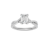 A top view of 14K white gold Amorati Vignette emerald diamond solitaire with prong setting and diamond band