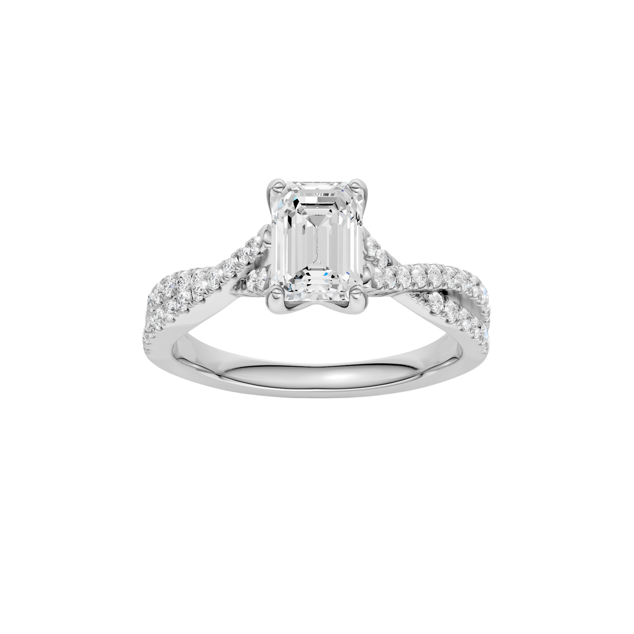 A top view of 14K white gold Amorati Vignette emerald diamond solitaire with prong setting and diamond band