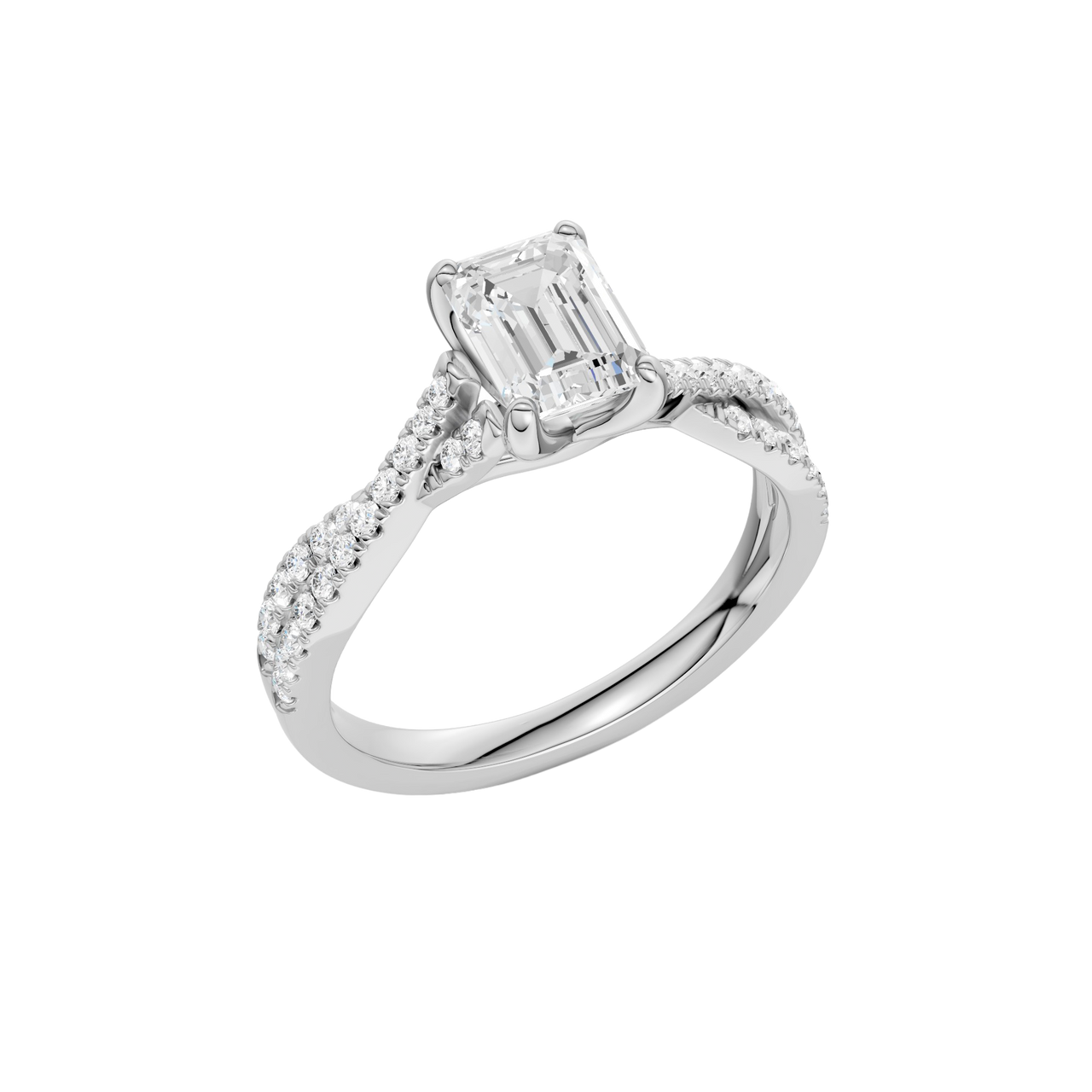 An angled view of 14K white gold Amorati Vignette emerald diamond solitaire with prong setting and diamond band