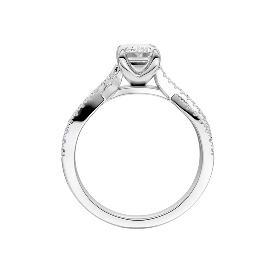 A side profile view of 14K white gold Amorati Vignette emerald diamond solitaire with prong setting and diamond band