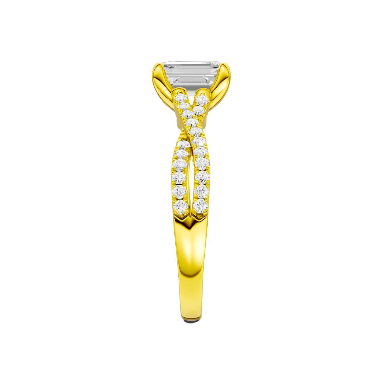 A side view of 14K yellow gold Amorati Vignette emerald diamond solitaire with prong setting and diamond band