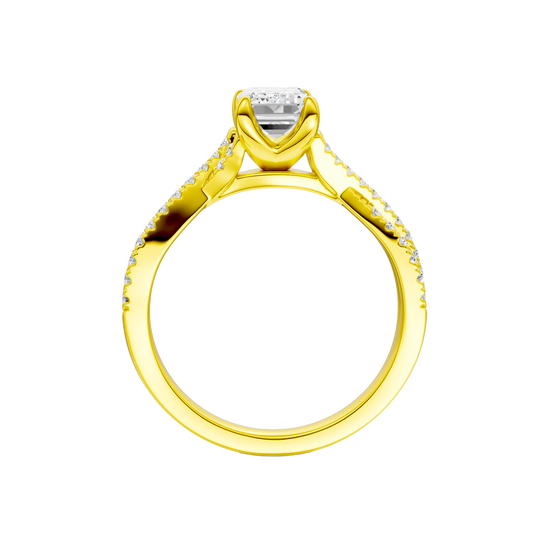 A side profile view of 14K yellow gold Amorati Vignette emerald diamond solitaire with prong setting and diamond band