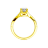 A side profile view of 14K yellow gold Amorati Vignette emerald diamond solitaire with prong setting and diamond band