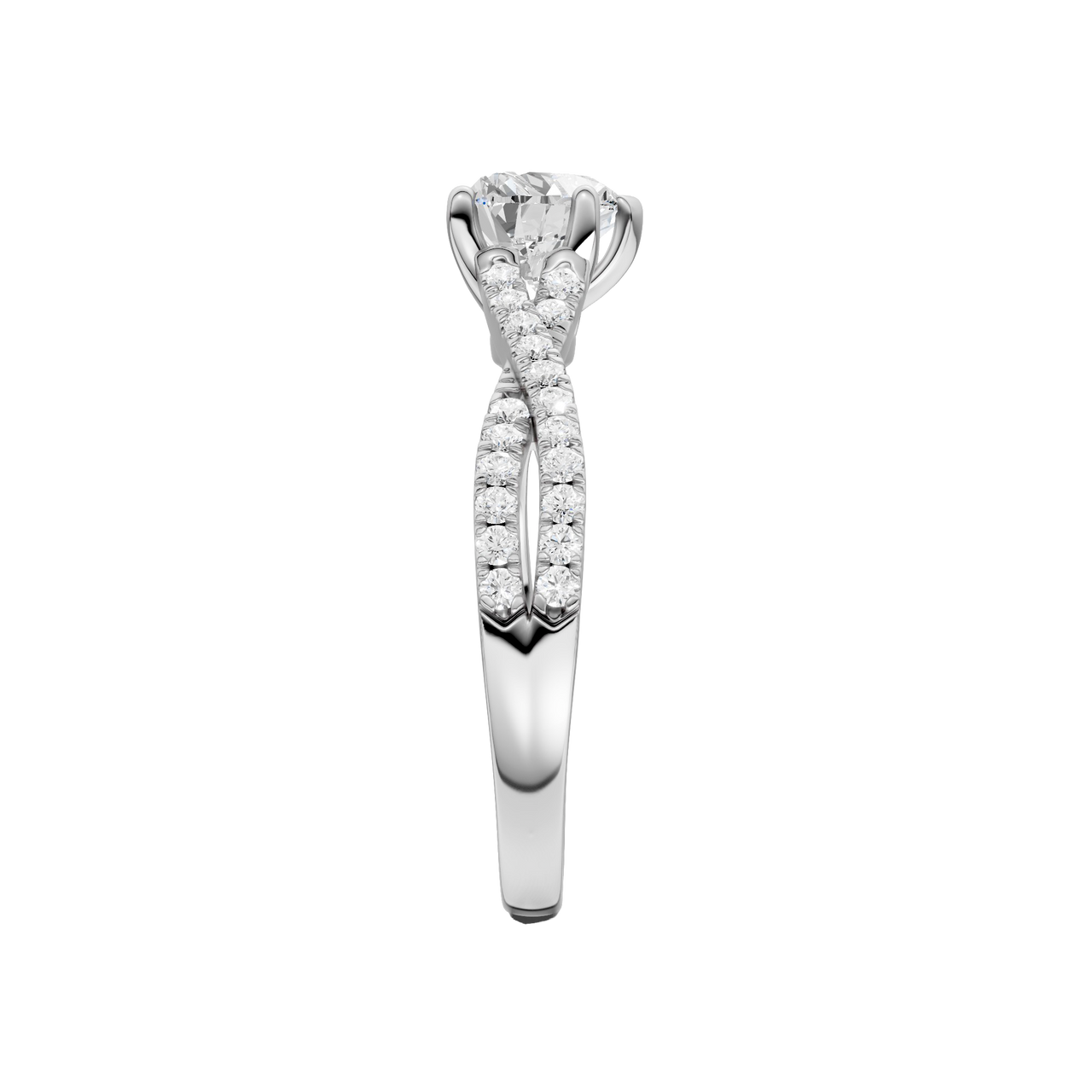 A side view of 14K white gold Amorati Vignette heart diamond solitaire with prong setting and diamond band