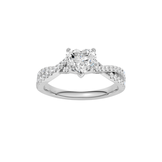 A top view of 14K white gold Amorati Vignette heart diamond solitaire with prong setting and diamond band