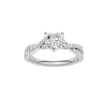 A top view of 14K white gold Amorati Vignette heart diamond solitaire with prong setting and diamond band