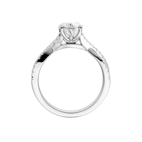 A side profile view of 14K white gold Amorati Vignette heart diamond solitaire with prong setting and diamond band