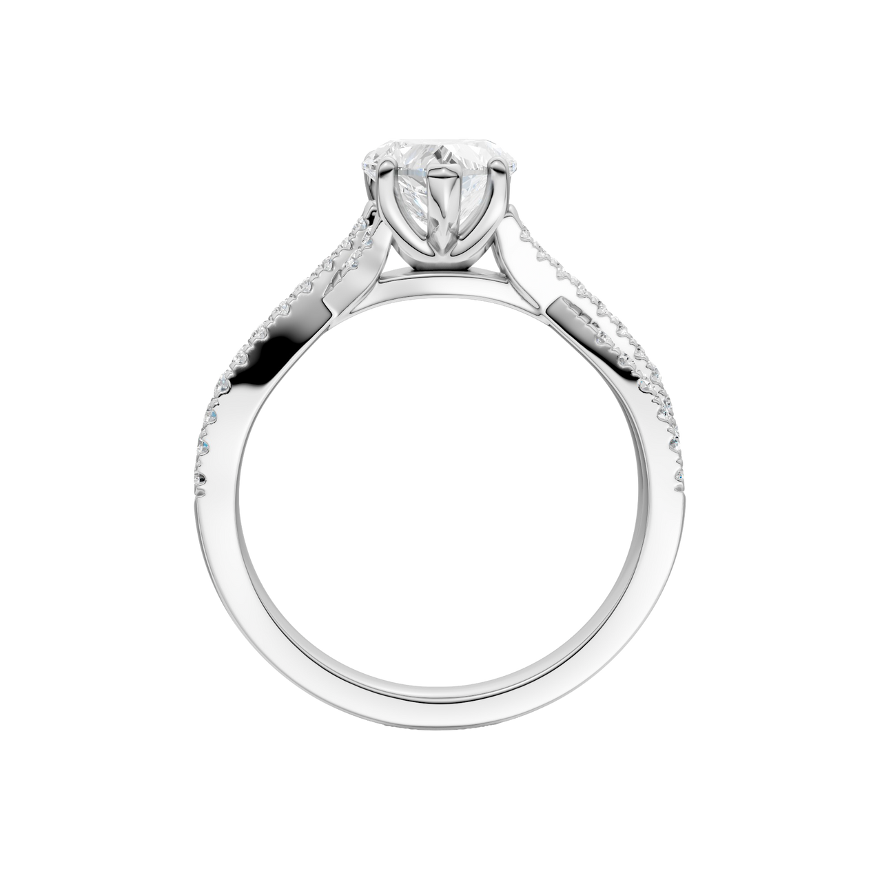 A side profile view of 14K white gold Amorati Vignette heart diamond solitaire with prong setting and diamond band