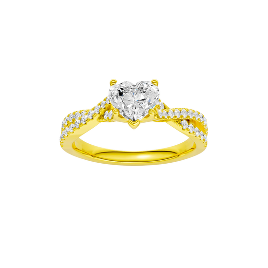 A top view of 14K yellow gold Amorati Vignette heart diamond solitaire with prong setting and diamond band