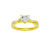 A top view of 14K yellow gold Amorati Vignette heart diamond solitaire with prong setting and diamond band
