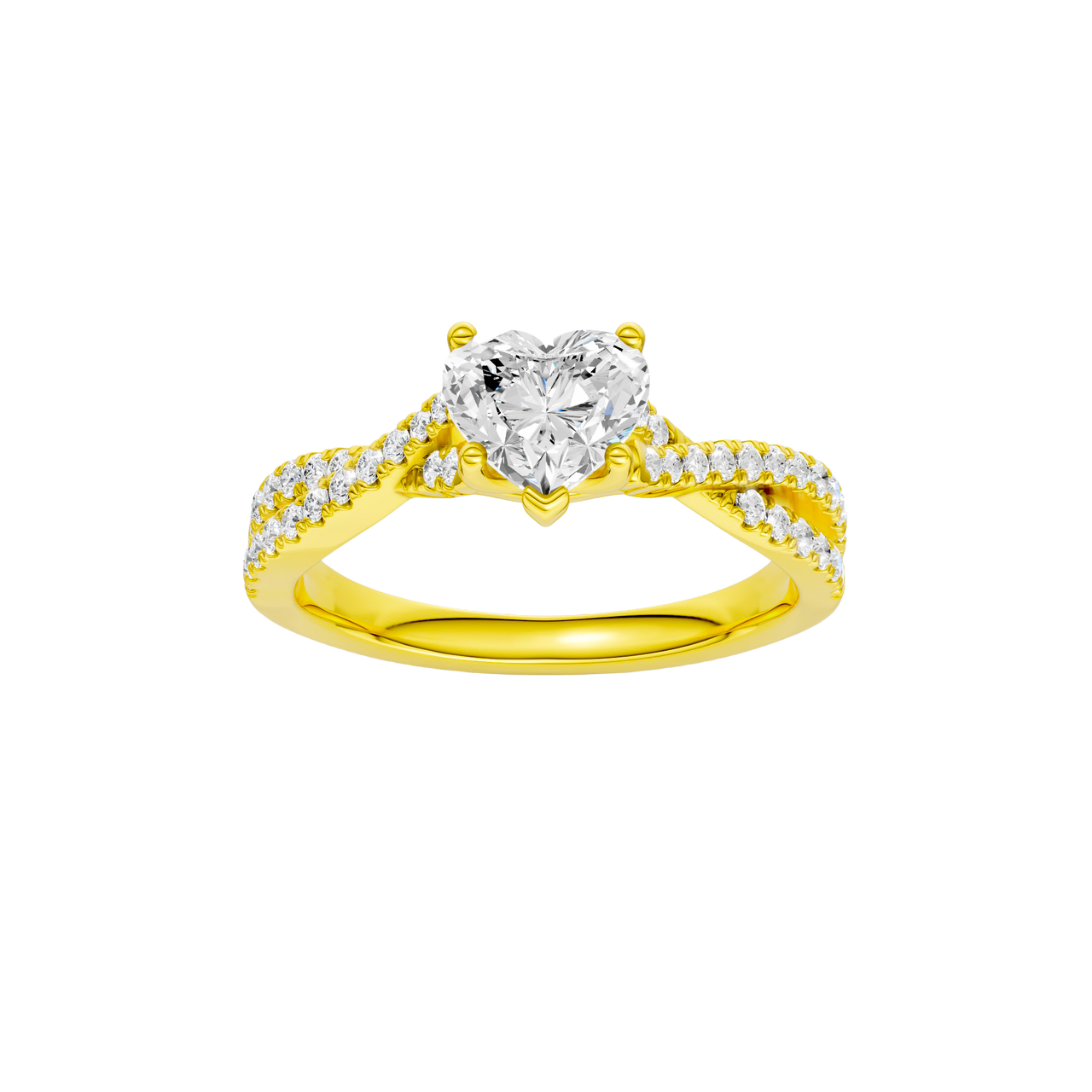 A top view of 14K yellow gold Amorati Vignette heart diamond solitaire with prong setting and diamond band