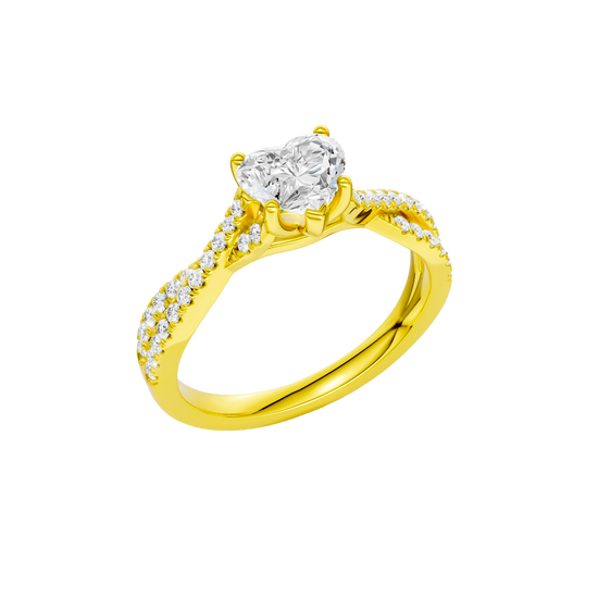 An angled view of 14K yellow gold Amorati Vignette heart diamond solitaire with prong setting and diamond band