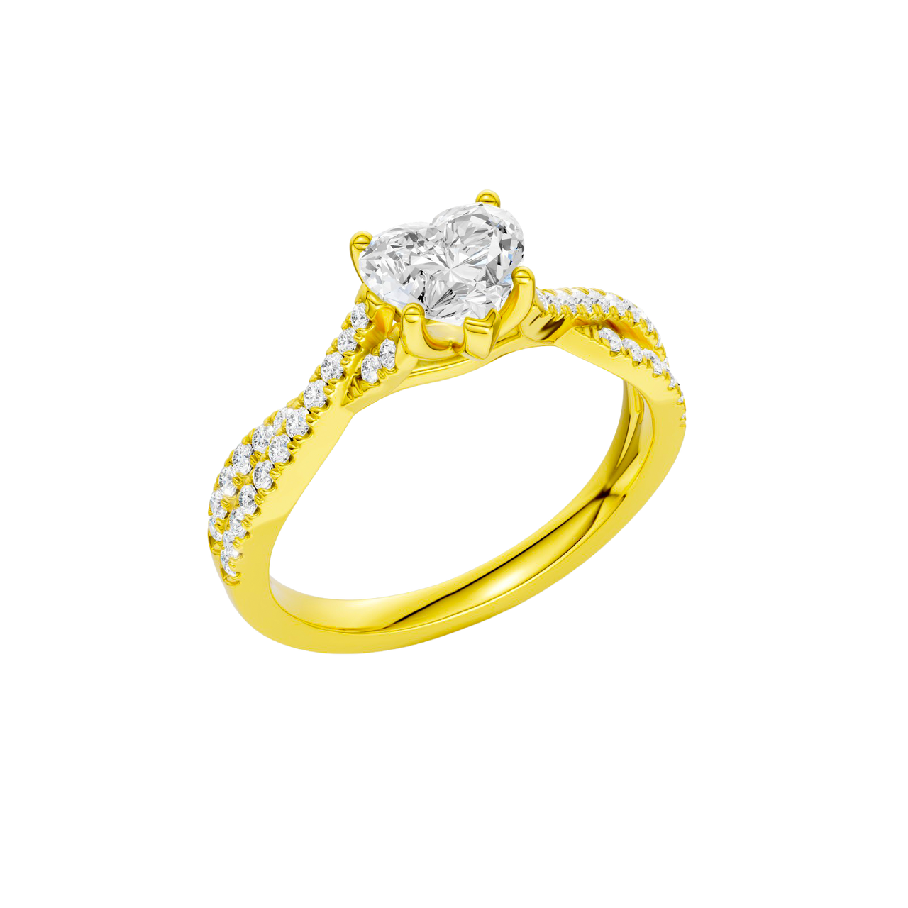 An angled view of 14K yellow gold Amorati Vignette heart diamond solitaire with prong setting and diamond band
