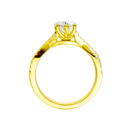 A side profile view of 14K yellow gold Amorati Vignette heart diamond solitaire with prong setting and diamond band