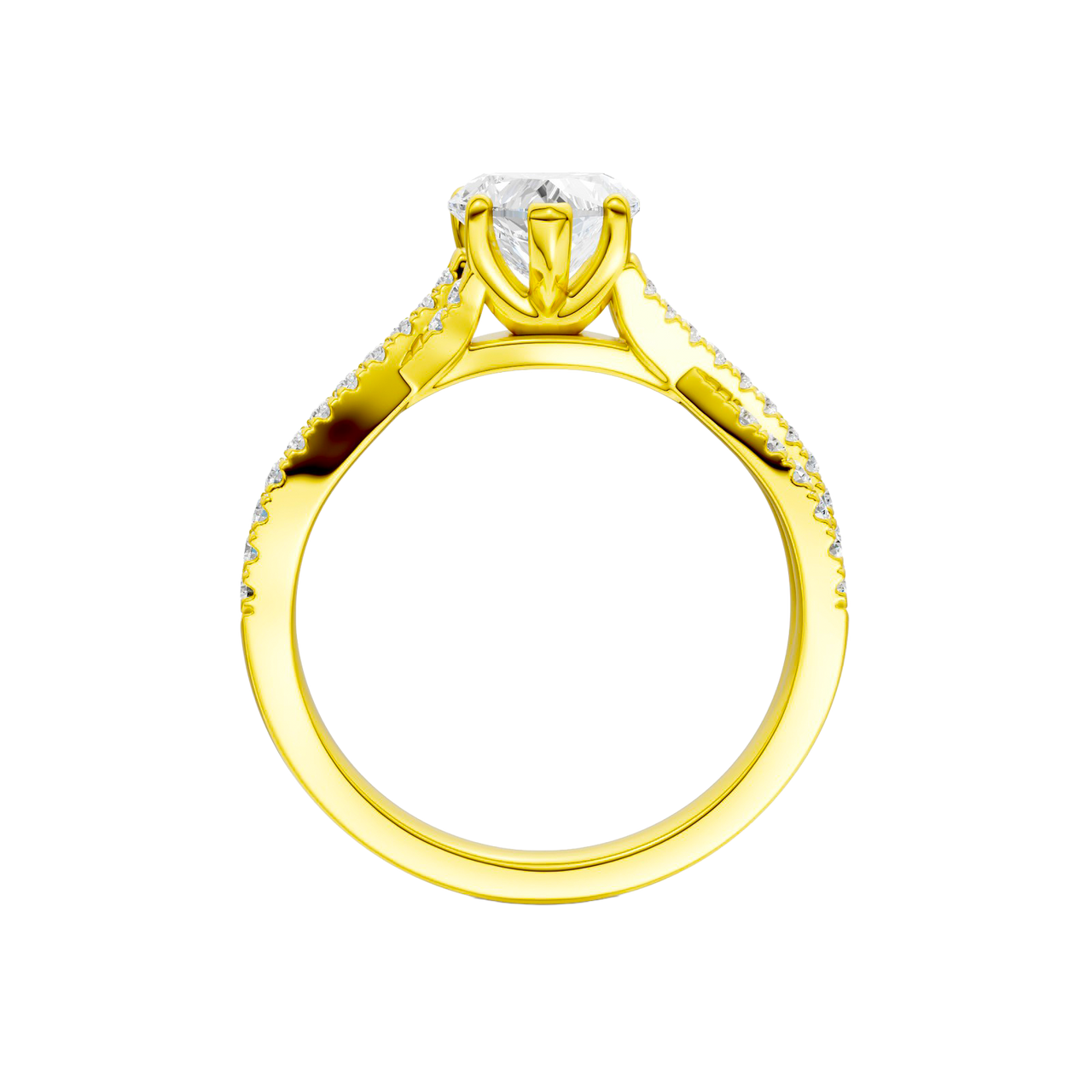 A side profile view of 14K yellow gold Amorati Vignette heart diamond solitaire with prong setting and diamond band