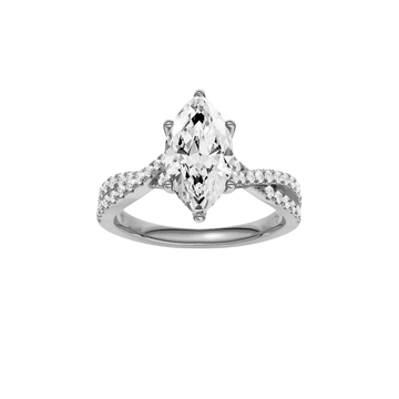Front view of the Marquise cut diamond engagement ring in 14k white gold with a prong diamond band and twist setting