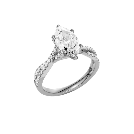 Angled view of the Marquise cut diamond engagement ring in 14k white gold with a prong diamond band and twist setting
