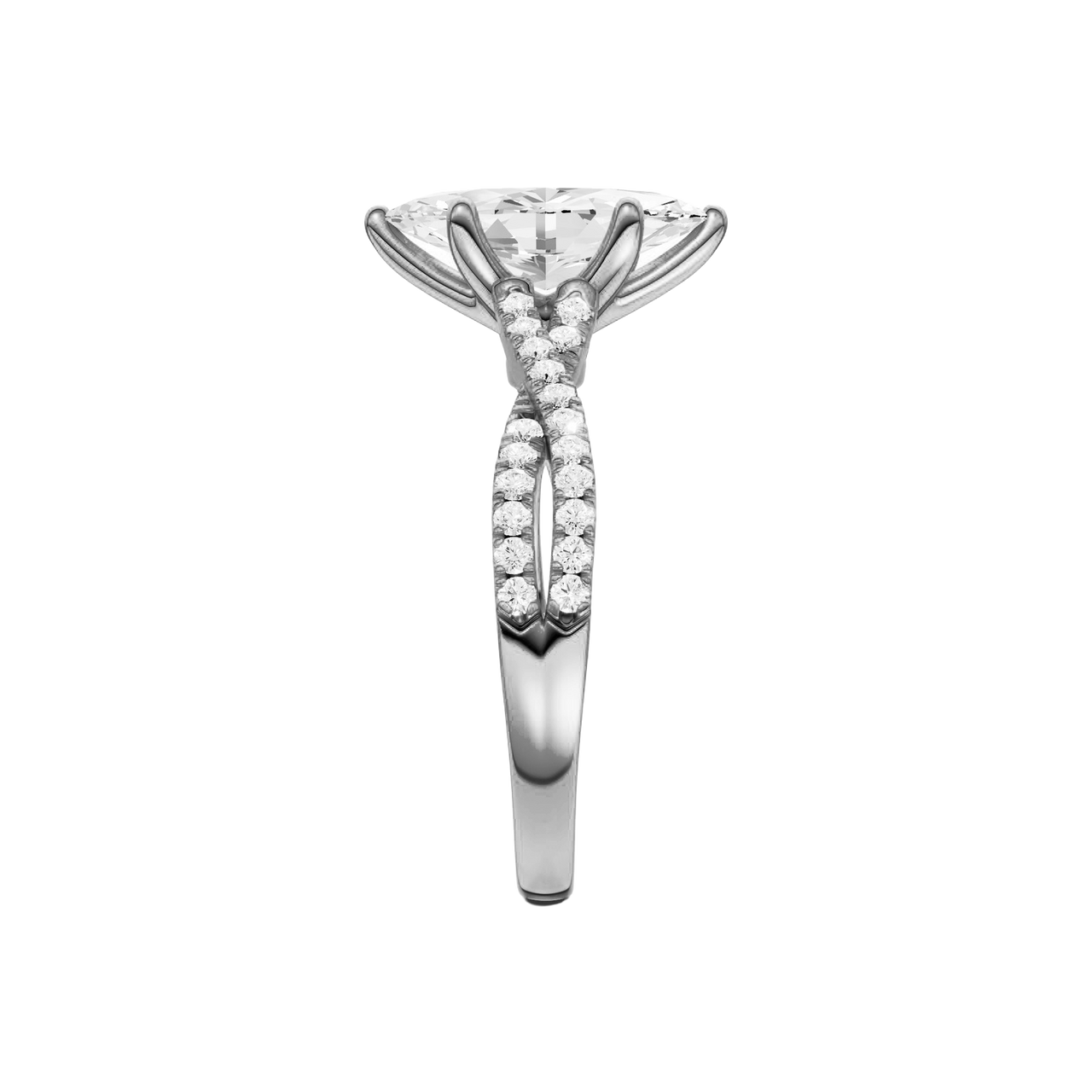 Side view of the Marquise cut diamond engagement ring in 14k white gold with a prong diamond band and twist setting