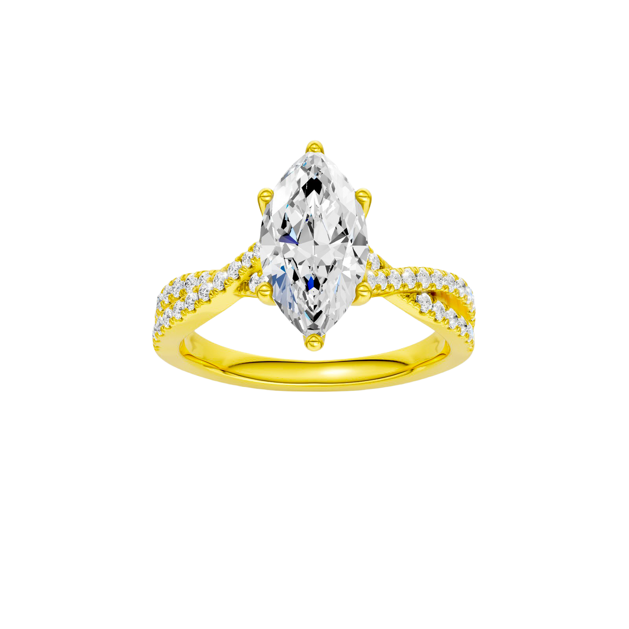 Front view of the Marquise cut diamond engagement ring in 14k yellow gold with a prong diamond band and twist setting