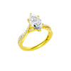 Angled view of the Marquise cut diamond engagement ring in 14k yellow gold with a prong diamond band and twist setting