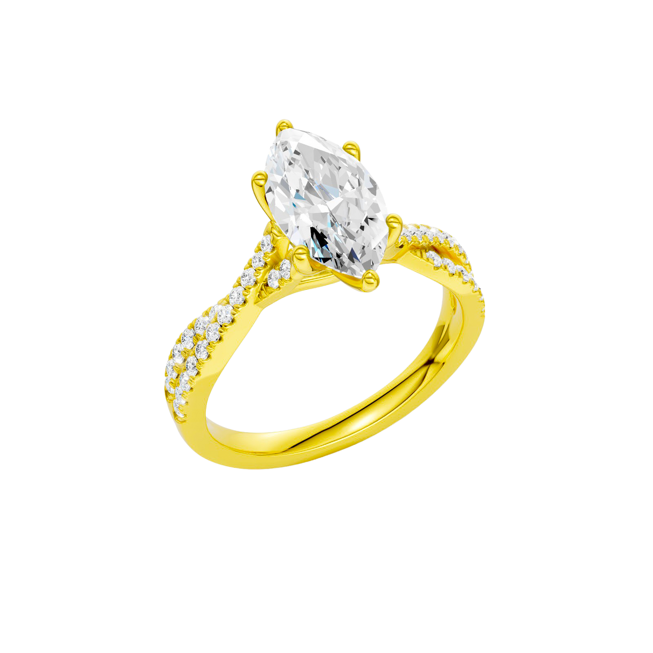 Angled view of the Marquise cut diamond engagement ring in 14k yellow gold with a prong diamond band and twist setting
